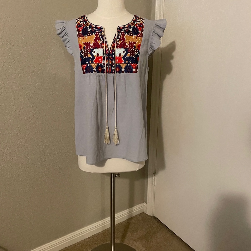 THML Blue Blouse with Colorful Embroidery and Ruffle Sleeves